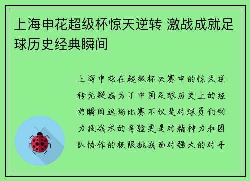 上海申花超级杯惊天逆转 激战成就足球历史经典瞬间 上海申花超级杯惊天逆转 激战成就足球历史经典瞬间